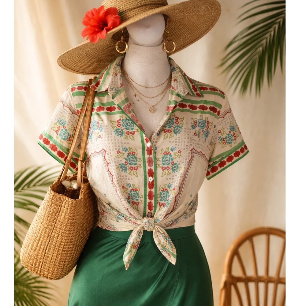 OOAK Replay Button Front Shirt Floral Embroidery Bling Boho Made in India Large